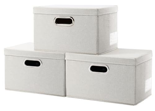 Storage Bins with Lids [3-Pack] Linen Fabric Foldable Storage Boxes Organizer Containers Baskets Cube with Cover for Bedroom Closet Office Beige（11.4X8.6X6.7 - color: Beige, size: S(3-Pack)