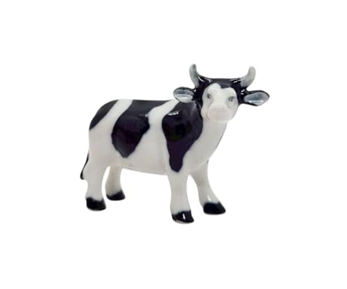 WitnyStore 2" White Black Stand See Right Ox Cow Ceramic Figurine Terrarium Decoration Collectible Statue for Adult Collectors Handcrafted Porcelain Ornament Sculpture Home Room Tabletop Decor