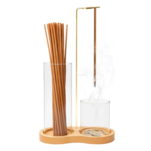 Tiiyee 2 in 1 Incense Holder for Sticks, Glass Ash Catcher Vertical Burner | Upside Down Built In Storage Organizer, Clean Ash Collection, Meditation Yoga Room Decoration Gift, Stable Desktop Display
