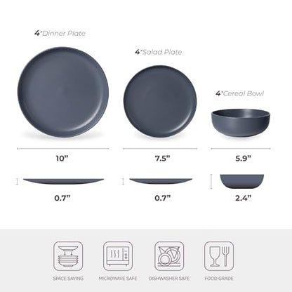 12-Piece Stoneware Dinnerware Set with Mugs | Microwave and Dishwasher Friendly | Stackable Matte Glaze Plates & Bowls | Service for 3 (Blue for 4) - color: Blue for 4