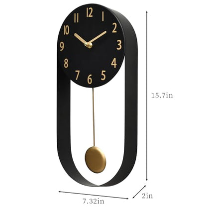 EMAX HOME 8 Inch Black Wall Clock with Gold Pendulum, Silent Modern Metal Wall Clock, Minimalist Decorative Pendulum Timepiece for Living Room, Office, Kitchen