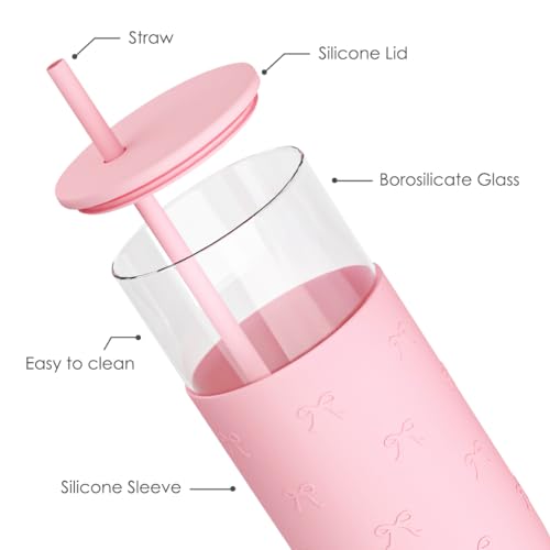 SANDJEST Glass Tumbler with Straw and Lid, Glass Water Bottle with Silicone Sleeve 20oz with Bow, Smoothie, Iced Coffee Cup, Bow Gifts for Women Teen Girls Birthday Christmas - color: Bow 3