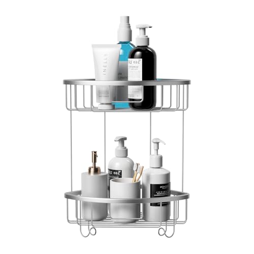 2-Tier Corner Shower Caddy, Rustproof Stainless Steel Shower Organizer and Bathroom Storage Wall Shelf, Silver