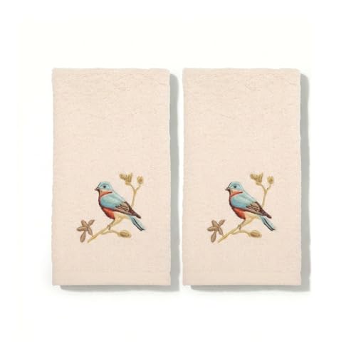 Avanti Linens – Fingertip Towel Set, 100% Cotton Velour Bathroom Towels with Embroidered Songbirds & Absorbent Terry Reverse, Home Decor, Set of 2 (Premier Songbirds Collection)