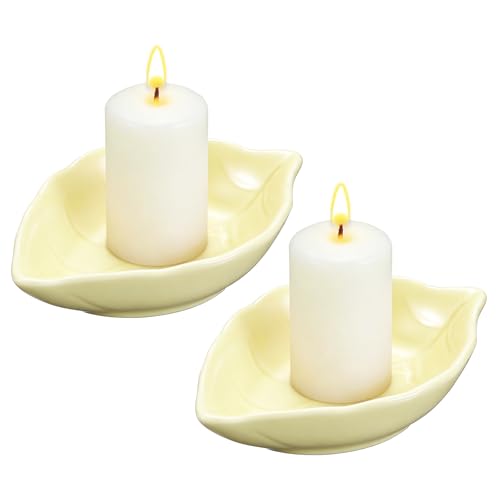 uxcell 2Pcs Ceramic Candle Holder Plates, 4.3 x 3'' Leaf Shaped Candlestick Holder Decorative Dish Small Candle Plate for Tea Light Aromatherapy Wedding Rustic Vintage Home, Beige - color: Beige