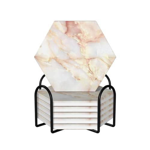 White Orange Marble 6 Pack Coaster Set with Holder Absorbent Drink Coaster Bar Dining Coffee Funny Cup Ceramic Cork Coaster - color: White Orange Marble, size: Hexagon