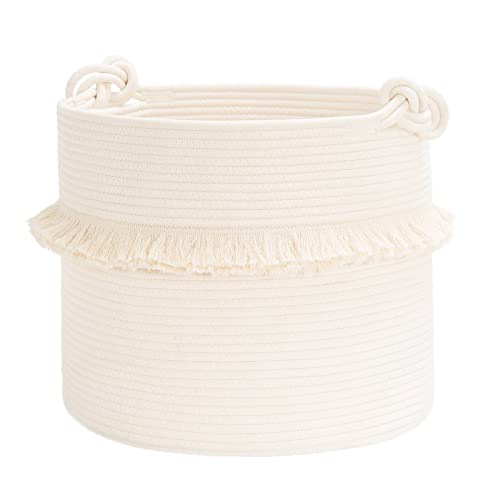 45L Woven Rope Baby Basket with Tassel, 16" x 13", Off-White | Decorative Boho Laundry Basket for Blankets & Towels Storage, Fits Living Room & Nuesery Home Decor, with Knotted Handles - color: Off-white, size: 40L (16"W x 13"H)