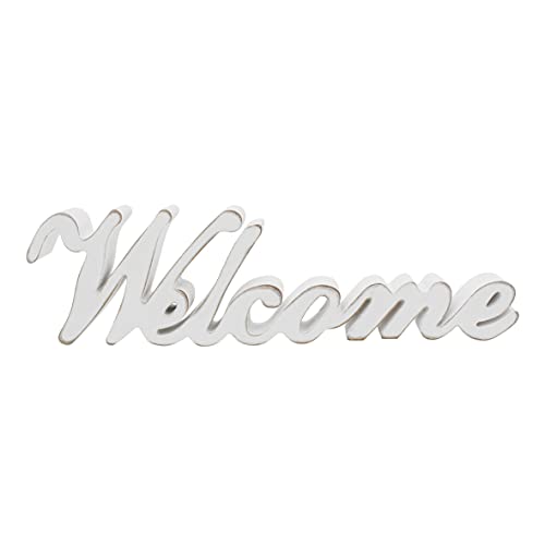 Rustic Vintage Distressed White Wooden Words Sign Free Standing "Welcome" Tabletop/Shelf/Home Wall/Office Decoration Art, 14-1/2 x 4-1/4 x 1 Inch - color: Distressed White