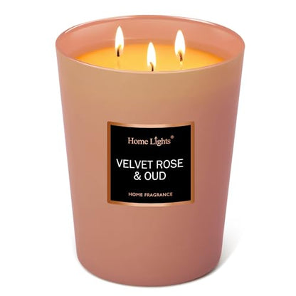 HomeLights Scented Candles | Large Jar Candle-33.3 Oz. Natural Soy Aromatherapy Candles | Up to 130 Hours Burn Time with 3 Cotton Wicks, Home Decorative Fragrance Candles Gift - Velvet Rose Oud - color: Velvet Rose Oud