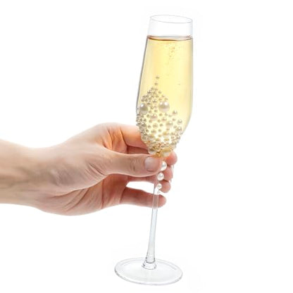 MyGift 6 oz Pearl Champagne Flutes Clear Stemmed Toasting Glasses Set 4 | Faux Pearl Accent, Elegant Stem Design, Perfect for Celebrations, Gift Ready Drinkware, Special Occasion Table Setting - color: White