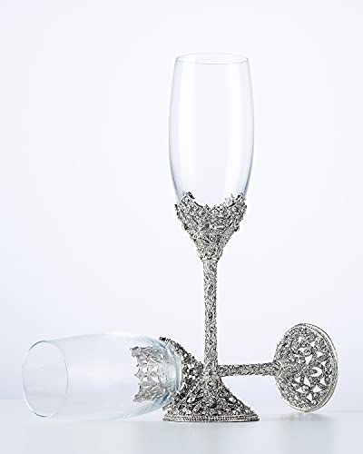 Champagne Flutes - Crystal Glass Metal Base With Crystal Stones, Set of 2 Toasting Flute Pair, Wedding Anniversary Party Birthday Banquets and Gifts for Bride and Groom(Silver) - color: Silver