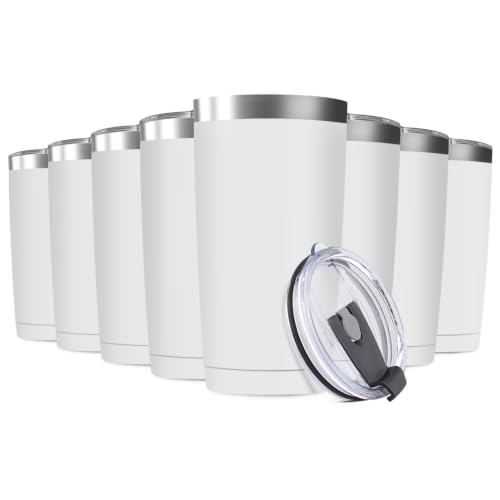 8 Pack 20oz Tumbler Vacuum Insulated Travel Mug with Lids, Stainless Steel Double Wall Bulk Cup for Home, Office, Outdoor Suitable for Vehicle Cup Holders(White) - color: White, size: 8 Count (Pack of 1)