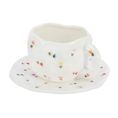 Koythin 10oz Ceramic Coffee Mug With Saucer, Colorful Tulip Latte Tea Cup | 300ml Floral Drinkware, Dual Safe Ceramic; Daily Office Cup, Pretty Gift For Girls - color: Colorful Tulips