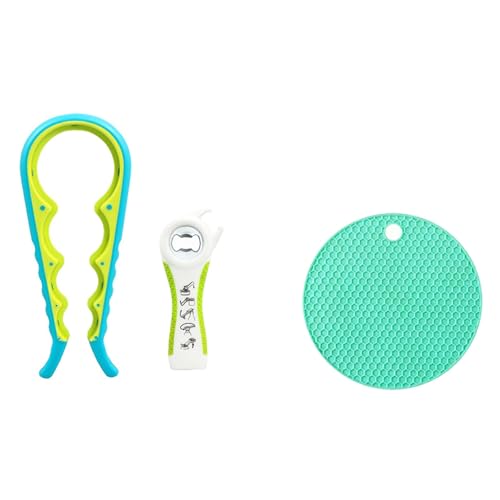 3 Piece Jar Opener Labor Saving Tool Set For Seniors Arthritis Weak Hands | Lever eases arthritic wrist strain dual honeycomb silicone mat heat trivet compact dishwasher safe gift for elderly seniors - color: blue and yellow