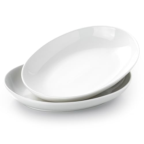 14 Inch Oval Serving Platters Set of 2, Large Wide Ceramic Serving Platter, White Porcelain Serving Trays for Entertaining, Turkey, Steak, Appetizers, Pasta, Salad