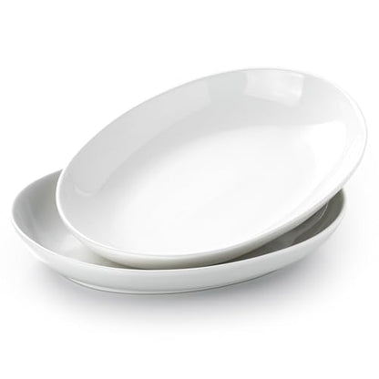 14 Inch Oval Serving Platters Set of 2, Large Wide Ceramic Serving Platter, White Porcelain Serving Trays for Entertaining, Turkey, Steak, Appetizers, Pasta, Salad