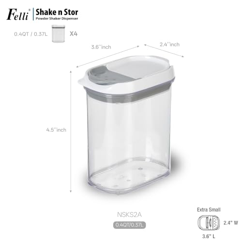Felli Shake N Stor Spice Jars with Shaker Lid + Dispensing Spout + Leveler ALL IN ONE Storage Mini Container Kitchen Pantry Cabinet Organizer Seasoning Salt and Pepper Holder(0.4qt, 4PC Set) - color: 0.4qt, 4PC Set
