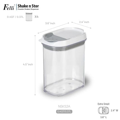 Felli Shake N Stor Spice Jars with Shaker Lid + Dispensing Spout + Leveler ALL IN ONE Storage Mini Container Kitchen Pantry Cabinet Organizer Seasoning Salt and Pepper Holder(0.4qt, 4PC Set) - color: 0.4qt, 4PC Set