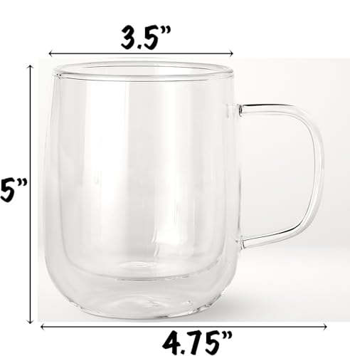 COLLECTIVE HOME 14oz Double Walled Glass Coffee Mugs, Set of 4 - Insulated Clear Glass Cups with Handle, Premium Gift Boxed, Heat Resistant Borosilicate Glassware for Latte, Americano & Tea (4)
