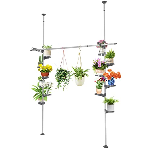 Plant Stand Floor to Ceiling-12 Trays Flower Pot Holder Tension Rod Grey | Indoor Telescopic Display Rack with 2 Hooks & Drying Rod | Adjustable Storage Organizer for Home Garden Decor | BAOYOUNI - color: Grey, size: 2 x 7 Tier
