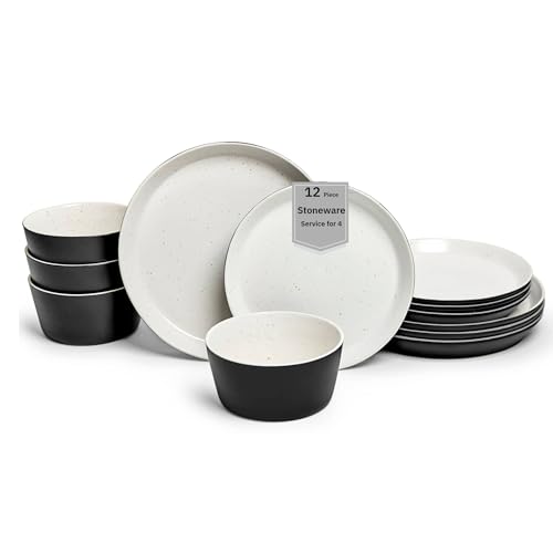Sango 12-Piece Stoneware Dinnerware Set for 4, Modern White & Black Plates and Bowls Sets with Speckled Glaze, Durable Kitchen Ceramic Dish Set, Microwave & Dishwasher Safe Everyday Dishes, Stockholm - color: Black/White, size: 12-Piece Set