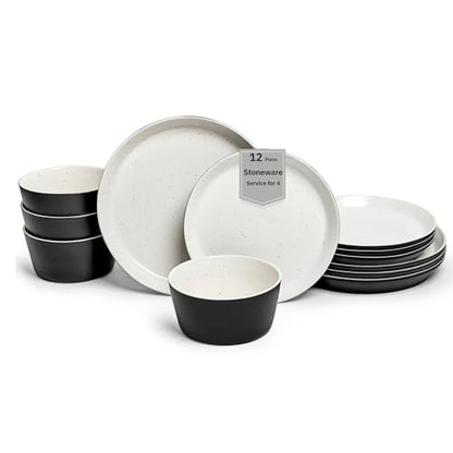 Sango 12-Piece Stoneware Dinnerware Set for 4, Modern White & Black Plates and Bowls Sets with Speckled Glaze, Durable Kitchen Ceramic Dish Set, Microwave & Dishwasher Safe Everyday Dishes, Stockholm - color: Black/White, size: 12-Piece Set