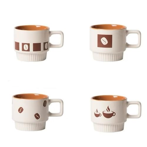 Ceramic Stackable Coffee Mugs, Beige&Brown, Set of 4 | for Au Lait, Cappuccino,Latte,Cafe,Mocha,Tea, Geometric Pattern Cups Suit For Housewarming Wedding- - color: Brown