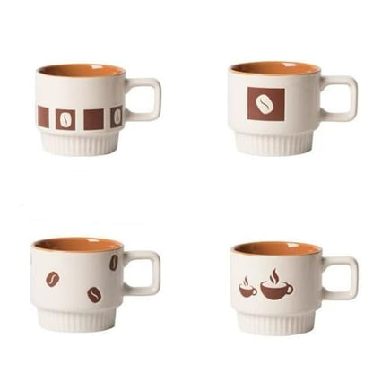 Ceramic Stackable Coffee Mugs, Beige&Brown, Set of 4 | for Au Lait, Cappuccino,Latte,Cafe,Mocha,Tea, Geometric Pattern Cups Suit For Housewarming Wedding- - color: Brown