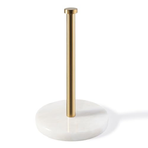 African Genuine Marble Paper Towel Holder Countertop, 6" Stone Base Gold Rod Paper Towel Holder Stand for Kitchen Storage, for Standard or Jumbo-Sized Rolls - color: White Marble-gold Rod, size: 6" Marble Base