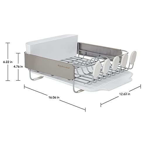 KitchenAid Compact Satin Wire Rust Resistant, Expandable Dish Rack with Angled Self Draining Drainboard with Removable Flatware Caddy, 23.18-Inch, Gray - color: White, size: Compact