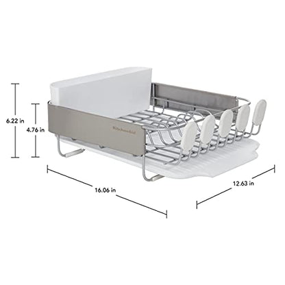 KitchenAid Compact Satin Wire Rust Resistant, Expandable Dish Rack with Angled Self Draining Drainboard with Removable Flatware Caddy, 23.18-Inch, Gray - color: White, size: Compact