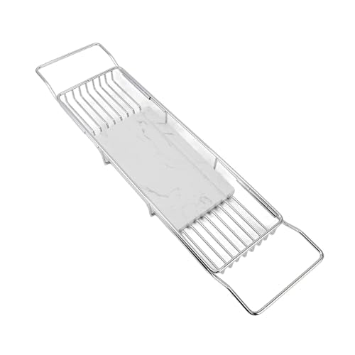 Metal Marble Bathtub Rack, Bathtub Caddy Tray Stainless Steel Shower Caddy Tray with Extending Sides, Bathroom Trays (Silver White) - size: Silver White