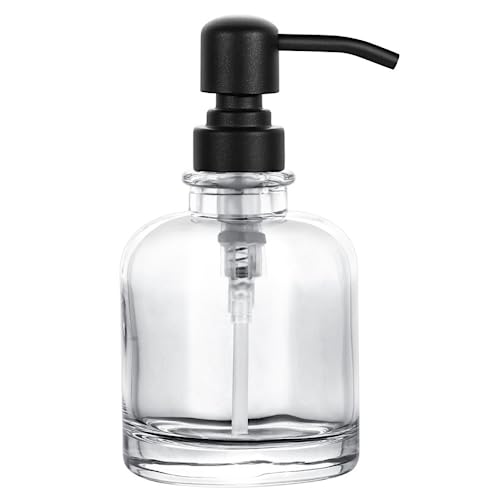 Thick Clear Glass Jar Hand Soap Dispenser Bathroom with Matte Black Stainless Steel Pump, 12ounce Clear Boston Round Bottle Dispenser with Rustproof Pump for Kitchen Dish (Matte Black)
