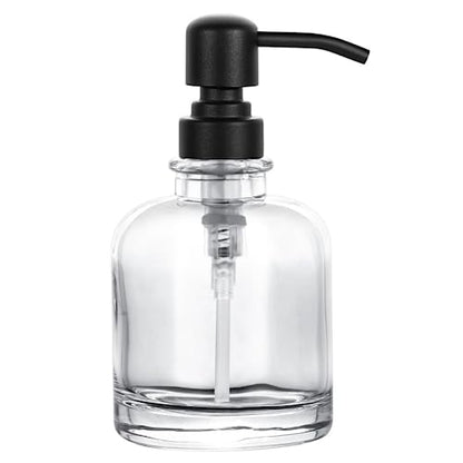 Thick Clear Glass Jar Hand Soap Dispenser Bathroom with Matte Black Stainless Steel Pump, 12ounce Clear Boston Round Bottle Dispenser with Rustproof Pump for Kitchen Dish (Matte Black)