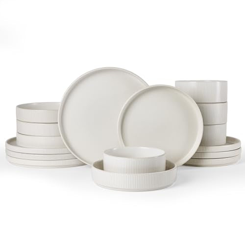 Famiware Star Stoneware Dinnerware Sets with Pasta Bowls, 16pc Dishes for 4 | Ceramic Plates and Double Bowls. Chip & Scratch Resistant. Microwave & Dishwasher Safe, Everyday & Formal Dining, Matte White - color: Matte White, size: Service for 4 - Double