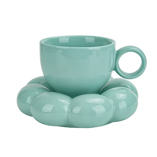 Koythin 6.5oz Sunflower Saucer Mini Ceramic Mug, Blue-Green Tea Latte Cup | 200ml Refreshing Small Mug, Dual Safe Ceramic; Home Office Light Drink Cup, Aesthetic Decor - color: Blue-green