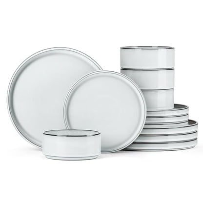 Onader Stoneware Dinnerware Sets, 12 Piece Plates and Bowls Dish Sets for 4, Ceramic Dishware Dining Ware with Rustic Terracotta Bottom - Glacier White - color: Glacier White
