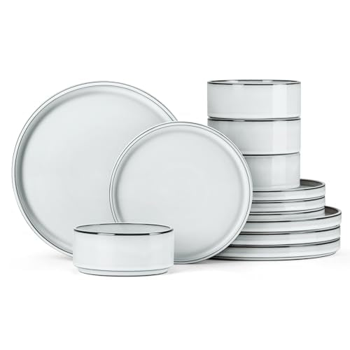 Onader Stoneware Dinnerware Sets, 12 Piece Plates and Bowls Dish Sets for 4, Ceramic Dishware Dining Ware with Rustic Terracotta Bottom - Glacier White - color: Glacier White