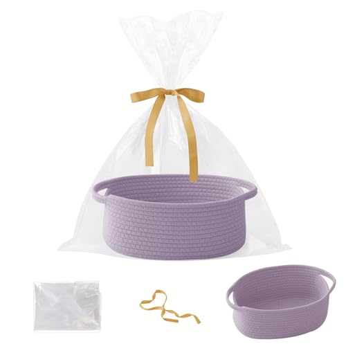 Purple Woven Rope Basket - Baby Gift Basket with Bag & Ribbon | Cotton rope with handle, 12x8x5 in, gift bag and ribbon, for baby shower, birthday, toy storage, nursery, shelf decor - color: Purple