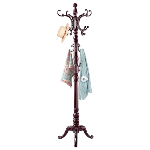 ZOZOE Wooden Coat Rack Stand,Vintage Coat Rack Freestanding with 14 Hooks | Solid Wood Coat Rack,Classic Coat Hanger Stand,Natural Birch Wood Coat Clothes Hall Tree Stand for Entryway Hallway Corner - color: Black Red