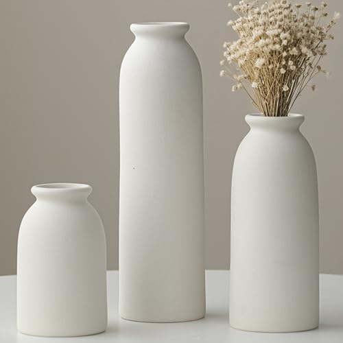 10.6 inches Tall Decorative Ceramic Vase Set, 3 Pieces, Nordic Modern Boho Style, White, for Home Decor (L White) - color: Standard White