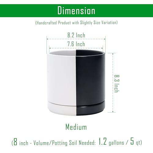 D'vine Dev 8.2 Inch Ceramic Planter Pot, Black White Split, 94-O-D-0 | Modern Cylinder Design, Drainage Hole & Saucer Included, Stable Structure, Elegant Home Accent - color: Split Monochrome Black & White, size: Medium