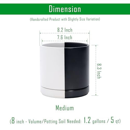 D'vine Dev 8.2 Inch Ceramic Planter Pot, Black White Split, 94-O-D-0 | Modern Cylinder Design, Drainage Hole & Saucer Included, Stable Structure, Elegant Home Accent - color: Split Monochrome Black & White, size: Medium