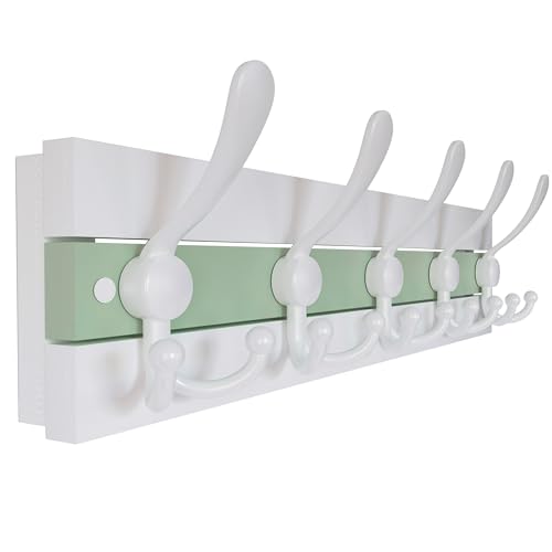 SKOLOO Coastal Wall Mounted Coat Rack - 16-7/8" Beach House Entryway Wooden Coat Hook with 5 Hooks for Hanging Coats, Hats or Towels, Oceanfront Cottage Core Collection, White & Green - color: Green & White Plates & White Hook, size: 1 Item-5 Hooks