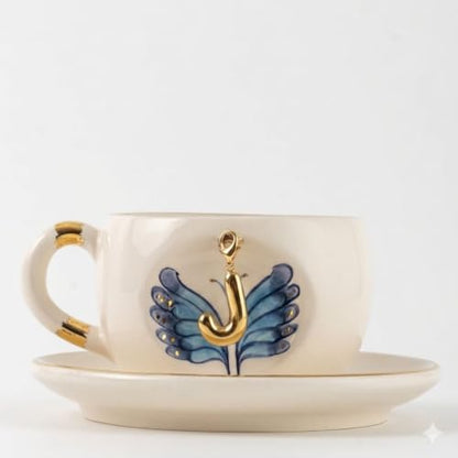 Personalized Handmade Porcelain Coffee Tea Mug With Letter, Custom Initial Mug Gift For Tea Coffee Lover With Saucer Text