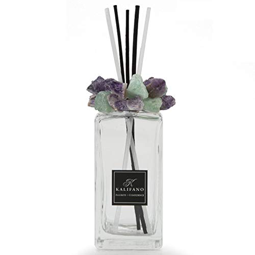 KALIFANO Luxury Glass and Fluorite Crystal Diffuser with Decorative Selenite Reeds - Premium Fragrance/Aroma Diffuser Bottle with Healing Effects (Essential Oils Not Included) - color: Fluorite