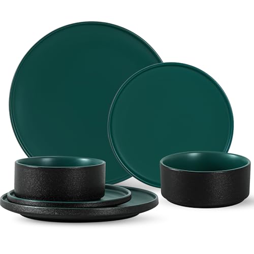 Dinnerware Sets, 6-Piece Plates and Bowls Set for 2, Matte Green | Modern Minimalist Stoneware, Dish Set for 2, Dinner Plate, Salad Plate, Cereal Bowl, Microwave and Dishwasher Safe - color: Green, size: Service for 2 (6PCS)