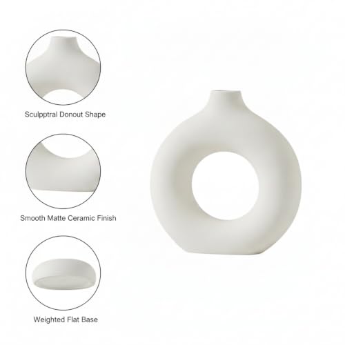 Ceramic Donut Vase, White Sculptural Ring Centerpiece for Shelf Mantel Desk Display (1 PC) - size: 8.46 x 2.56 x 9.06 in