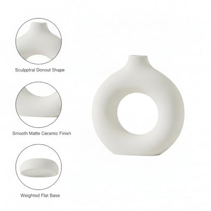 Ceramic Donut Vase, White Sculptural Ring Centerpiece for Shelf Mantel Desk Display (1 PC) - size: 8.46 x 2.56 x 9.06 in