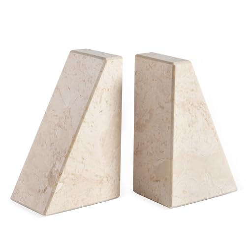 Marble Book Ends Decorative, Unique Bookends for Shelves, Bookends to Hold Heavy Books, Durable Book Holder Stopper for Home Office Desk Bookshelf Decoration, Turkey Natural Marble, Set of 2 - color: Turkey-crema Beige